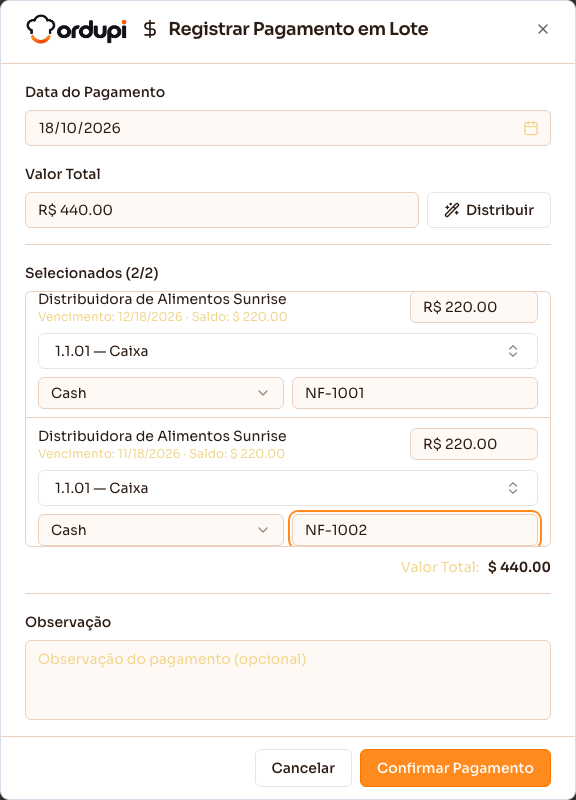 Janela de pagamento em lote, com o valor distribuído entre as despesas