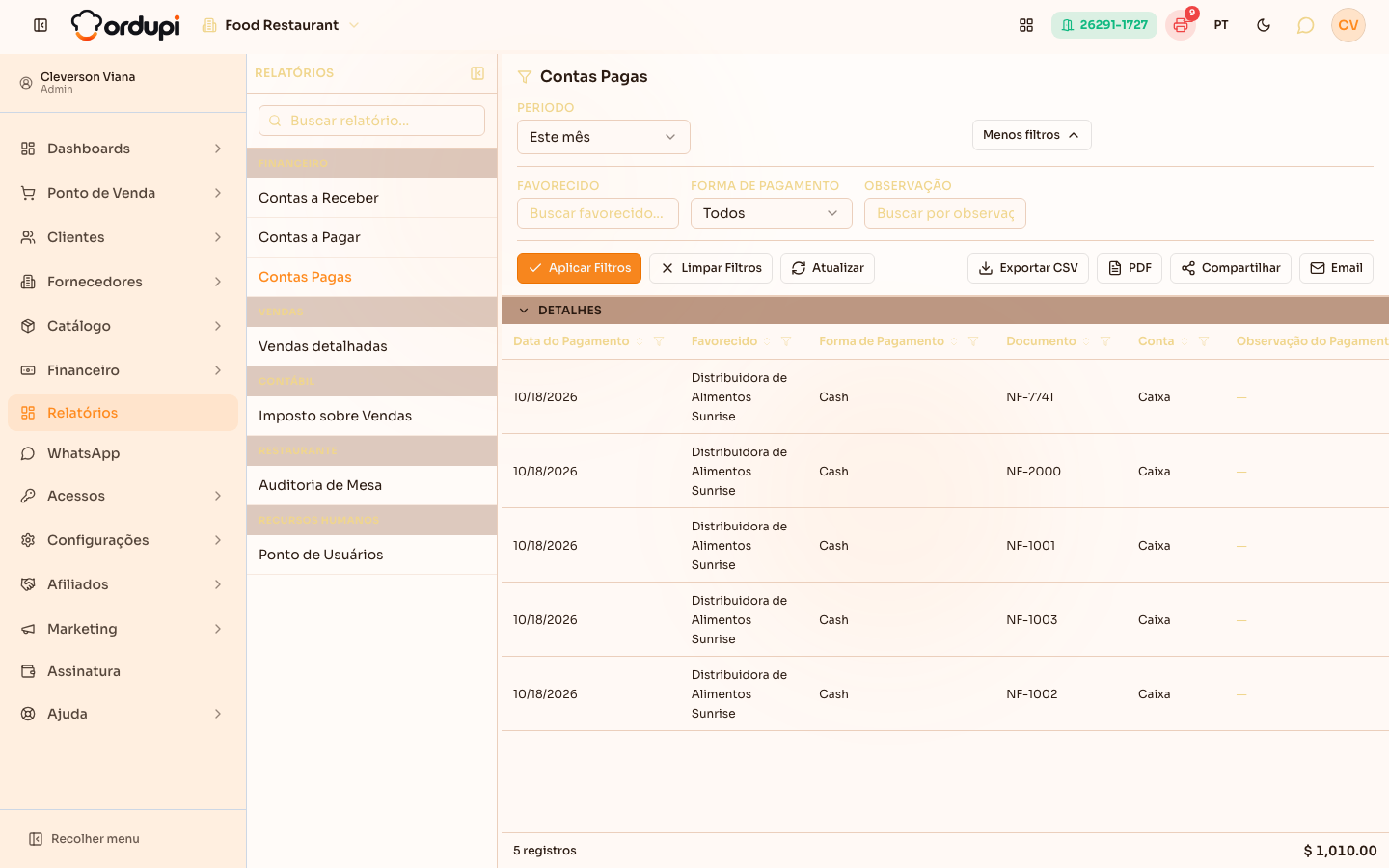 Relatório de Contas Pagas aberto, com a lista de pagamentos do período