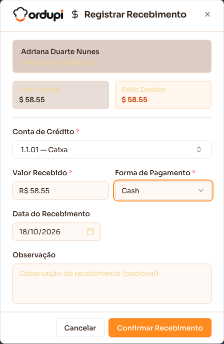 Janela de registrar recebimento, com os campos preenchidos