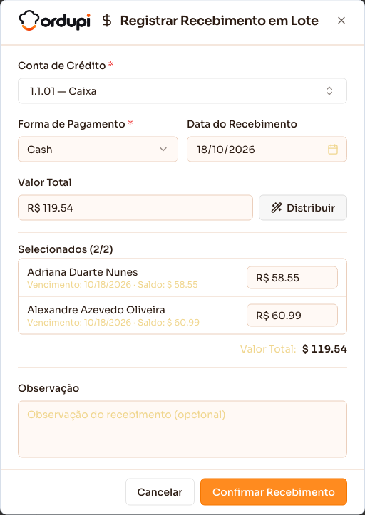 Janela de recebimento em lote, com o valor distribuído entre as parcelas