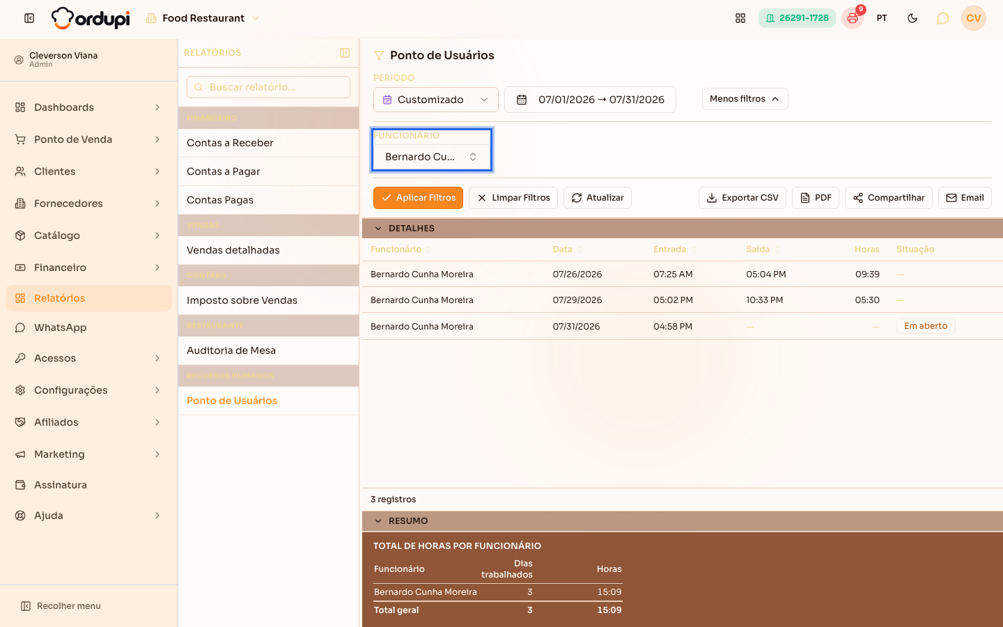 Lista filtrada por um funcionário específico