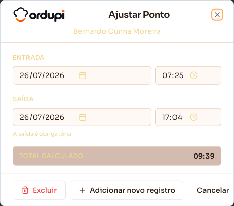 Janela de edição de um registro de ponto
