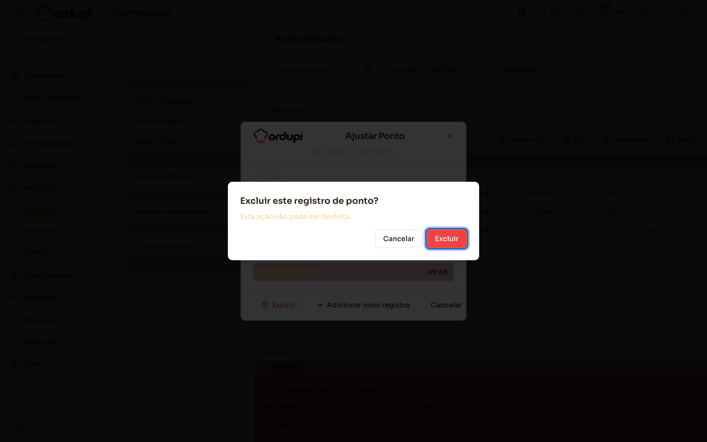 Confirmação de exclusão de um registro de ponto