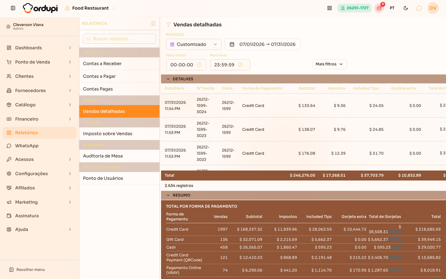 Relatório de Vendas aberto, com a lista de vendas do mês e os filtros no topo