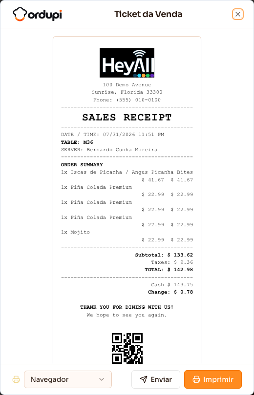 Janela “Ticket da Venda” aberta, com as opções de imprimir e enviar