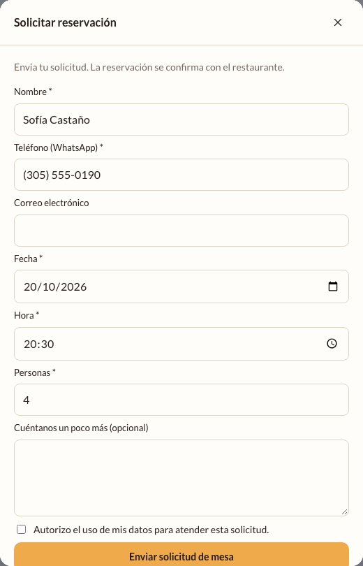 Formulário de reserva do site, preenchido pelo cliente