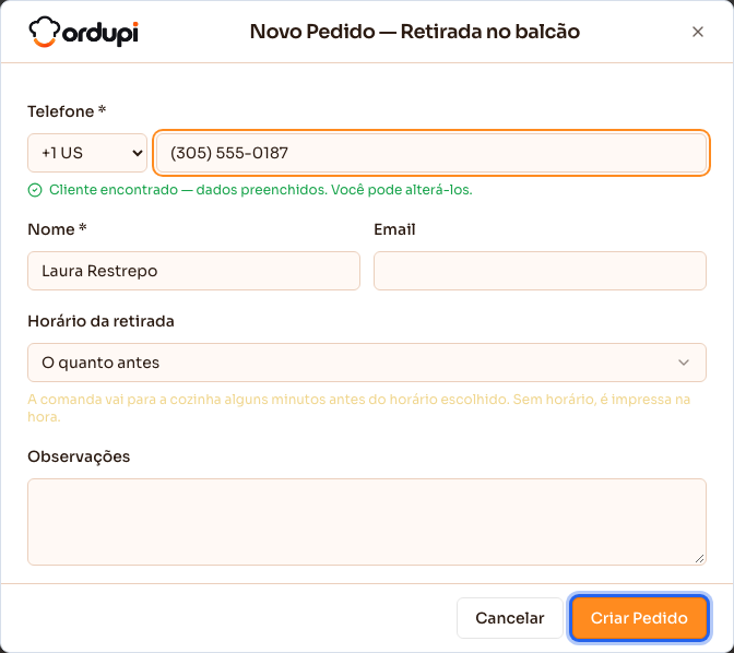 Novo pedido de retirada com telefone, nome e horário