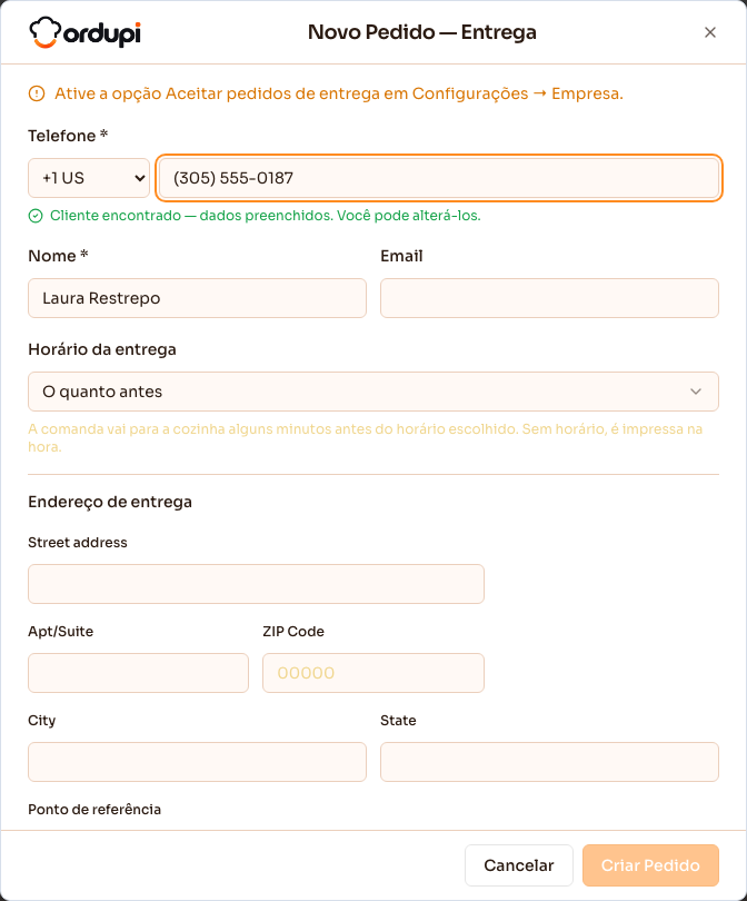 Novo pedido de Entrega, com o endereço do cliente
