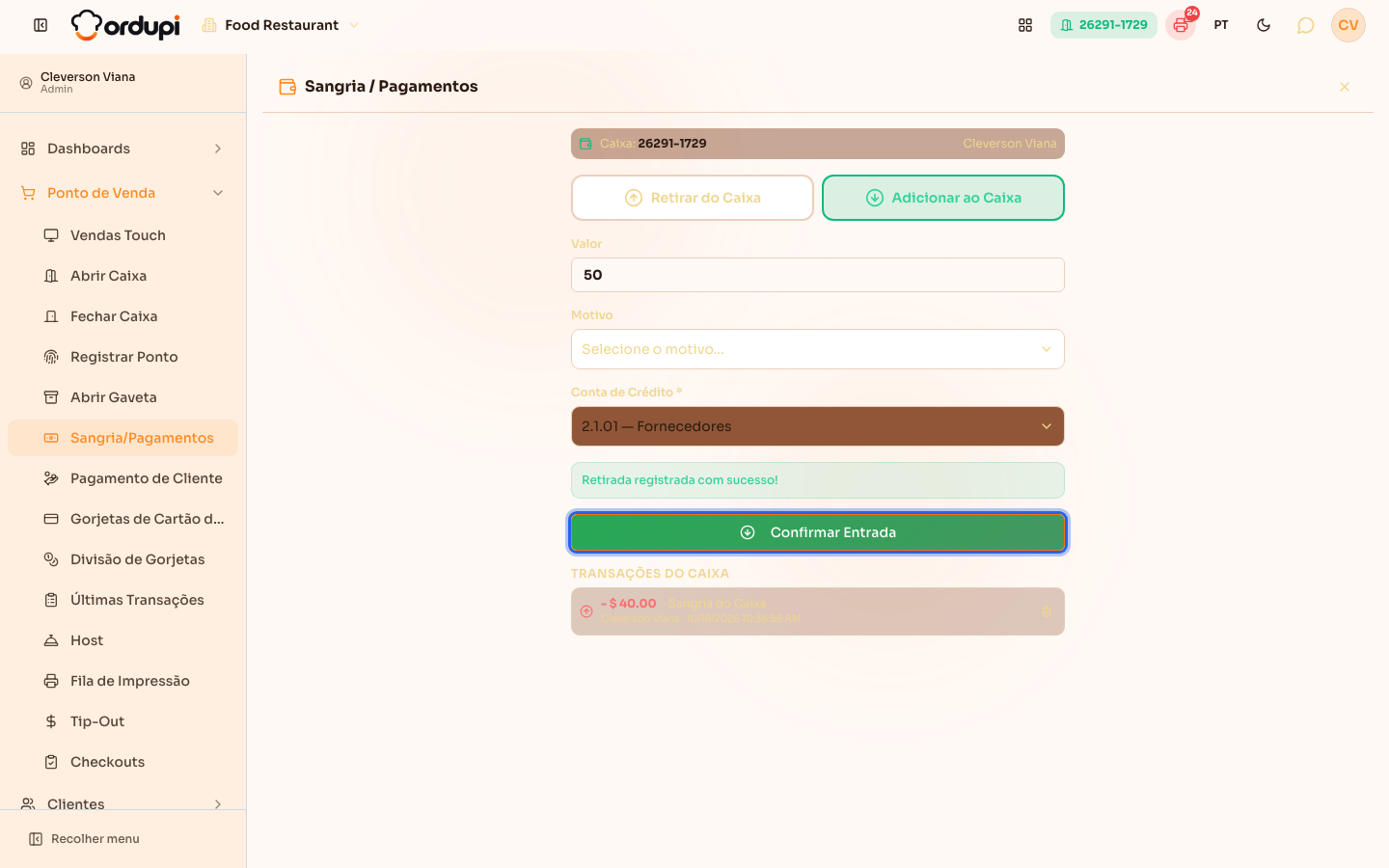 Adicionar ao Caixa (reforço) com motivo próprio