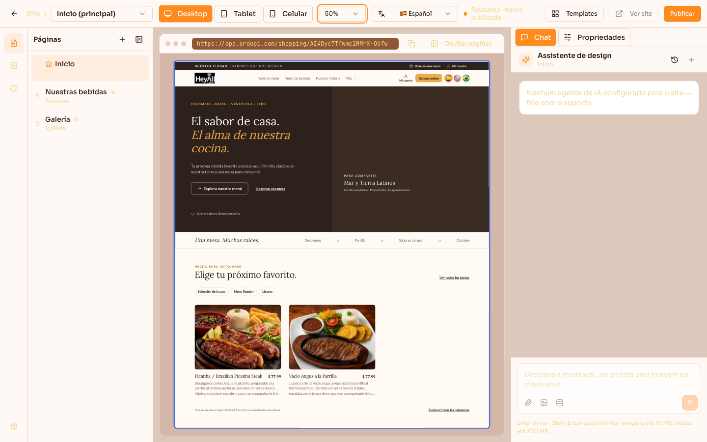 Editor do site com o preview mostrando os dados do restaurante