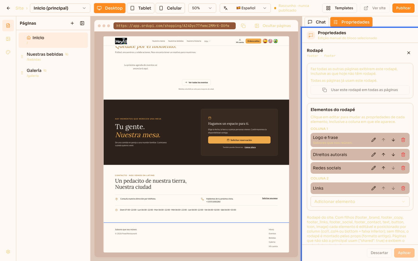 Rodapé do site com os dados da empresa