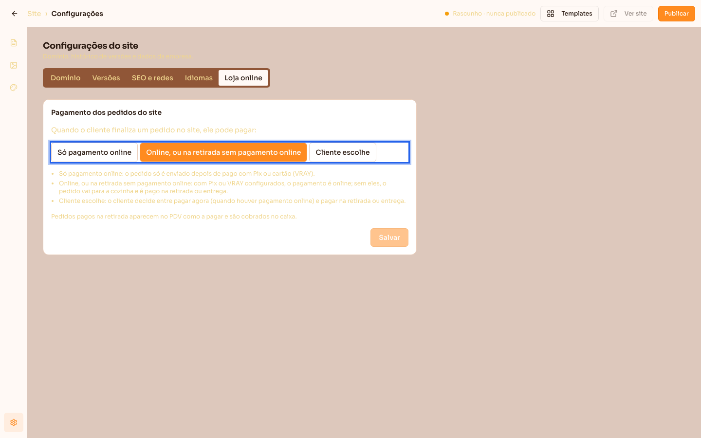 Configurações do site, aba Loja online, com o Pagamento dos pedidos do site