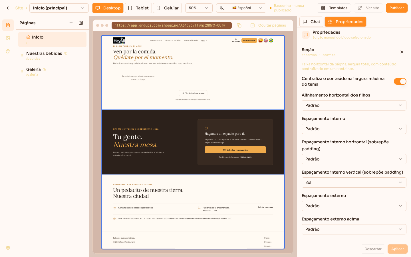 Seção de reservas do site selecionada no preview