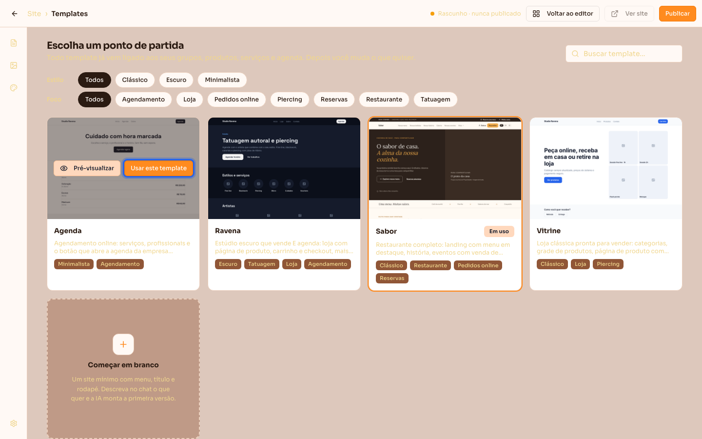 Tela Escolha um ponto de partida, com os templates disponíveis