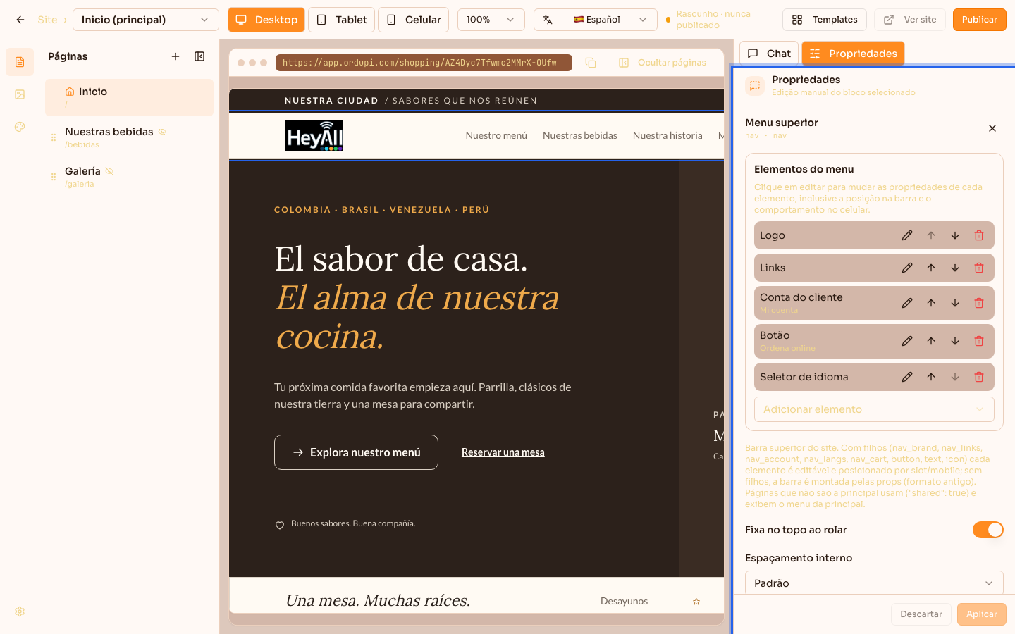 Menu do topo selecionado, com a aba Propriedades aberta