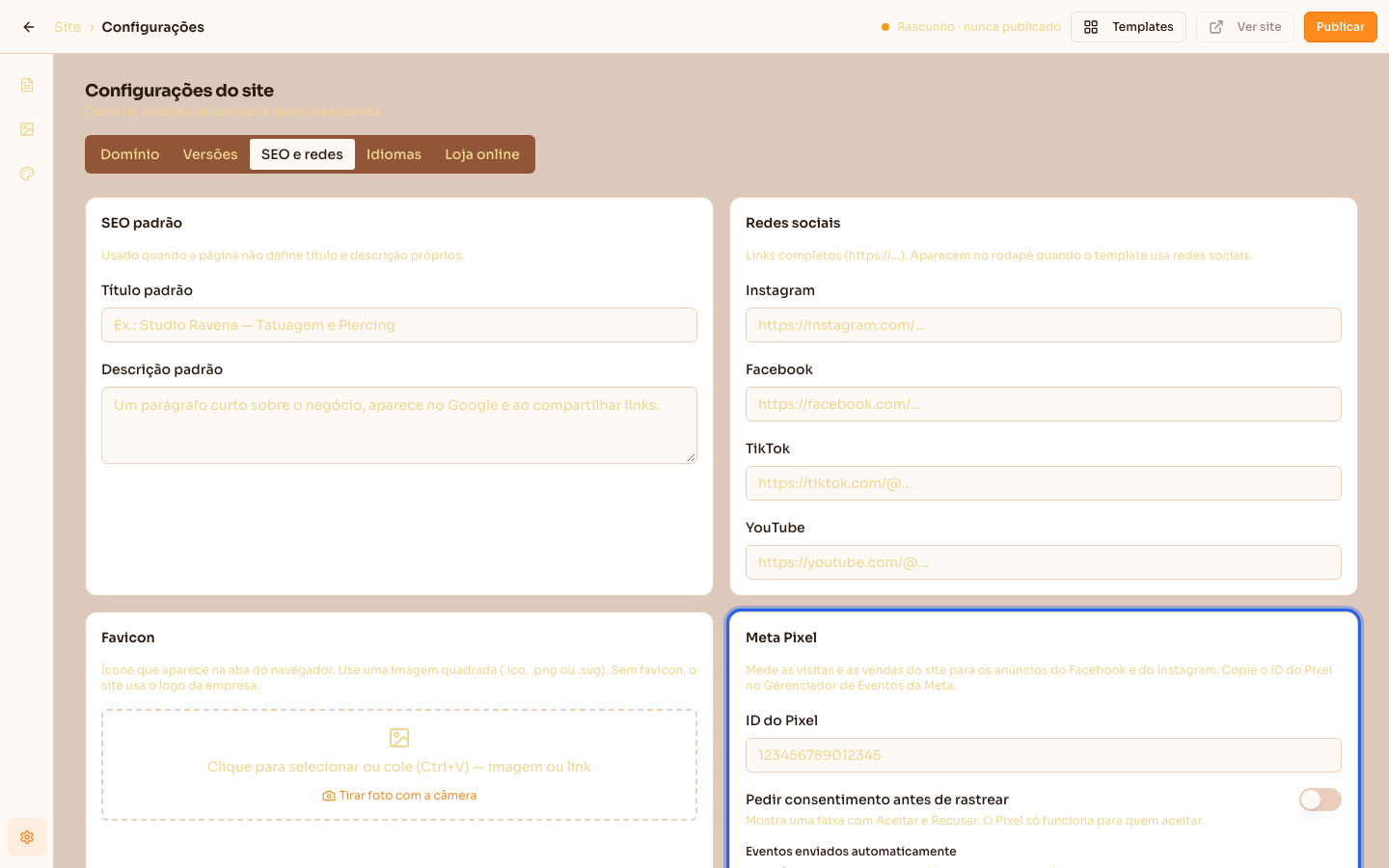 Configurações do site, aba SEO e redes