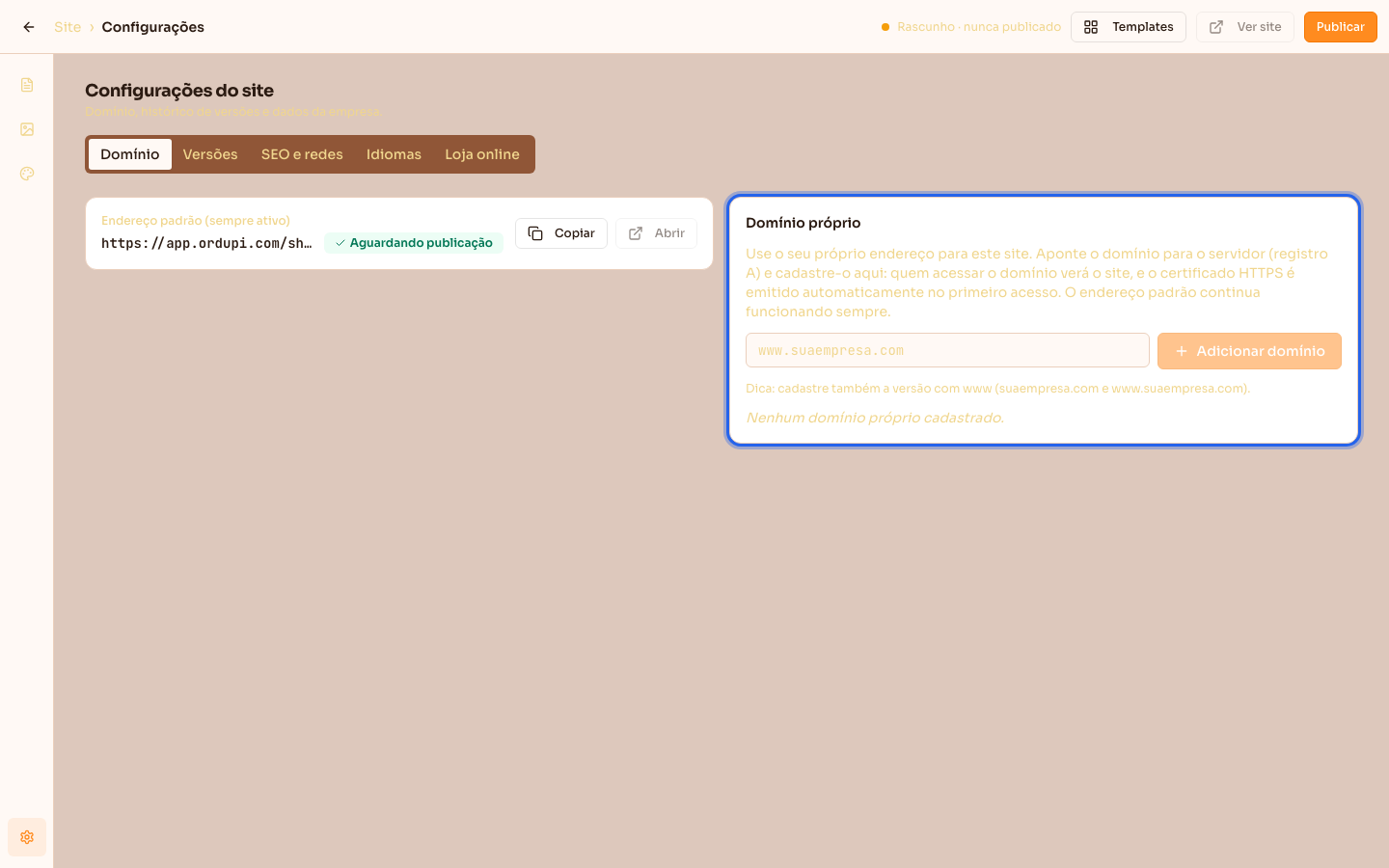 Configurações do site, aba Domínio