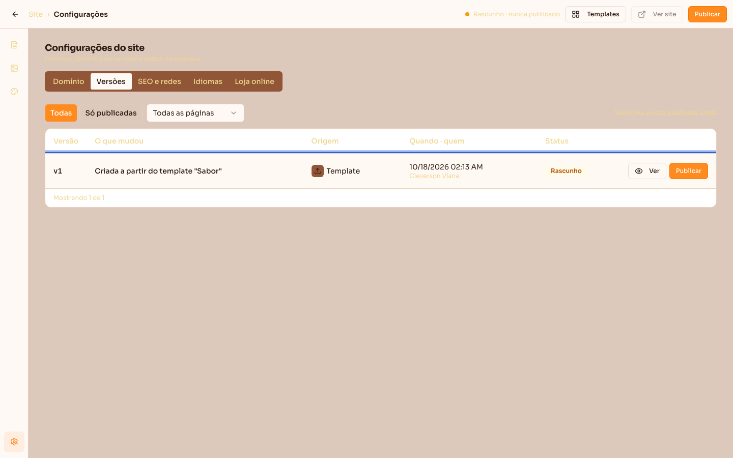 Configurações do site, aba Versões