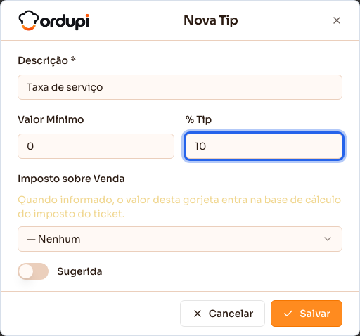 Cadastro de uma regra de gorjeta com descrição, valor mínimo, percentual e imposto