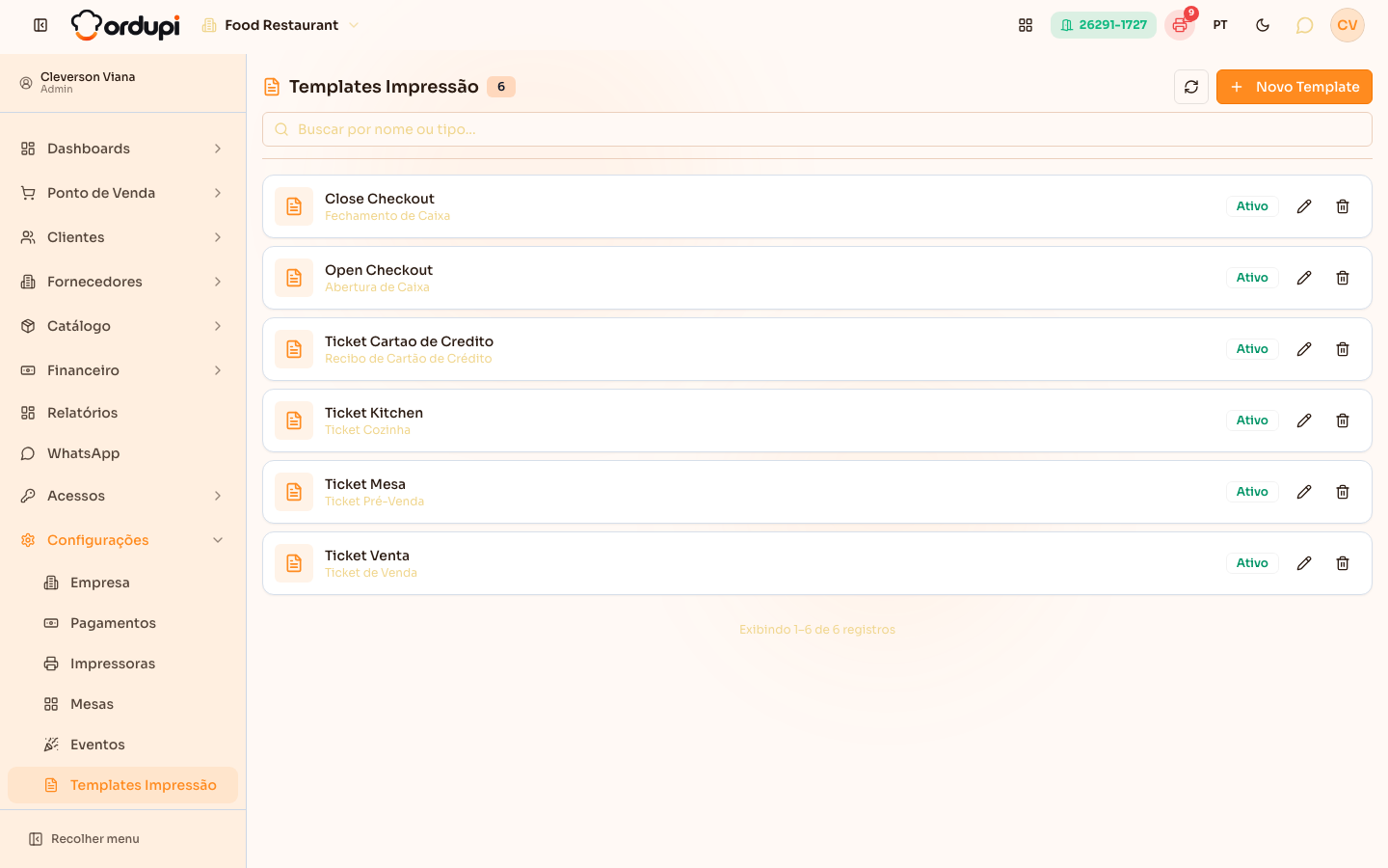 Lista de templates de impressão, com o tipo de cada um