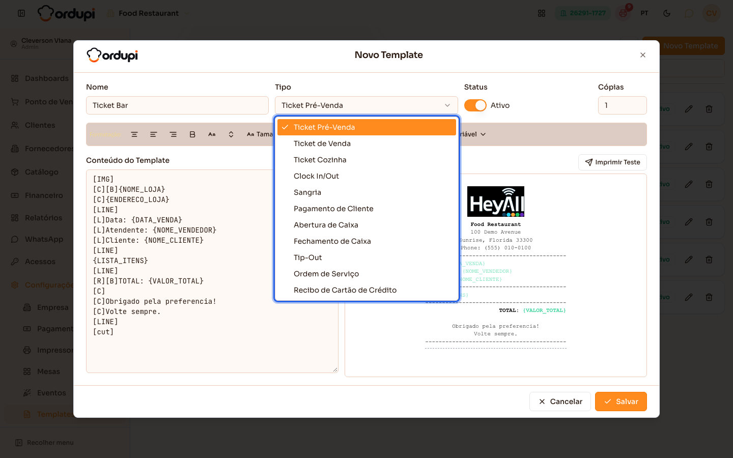 Template novo com a lista de tipos de ticket aberta