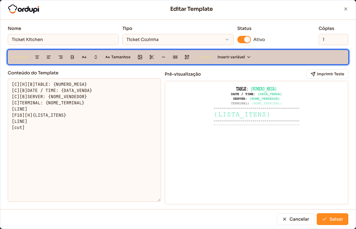 Editor do template da cozinha, com os botões de formatação, o conteúdo e a pré-visualização ao lado