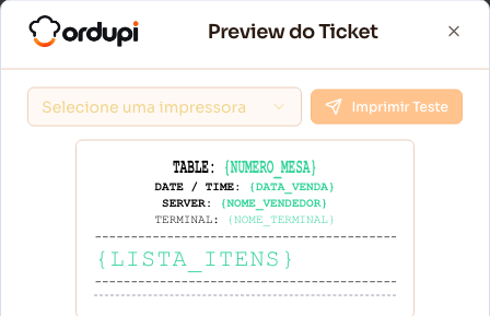Prévia do ticket com a escolha da impressora para a impressão de teste