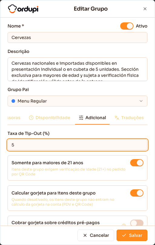 Aba Adicional do cadastro do grupo com o campo Taxa de Tip-Out preenchido
