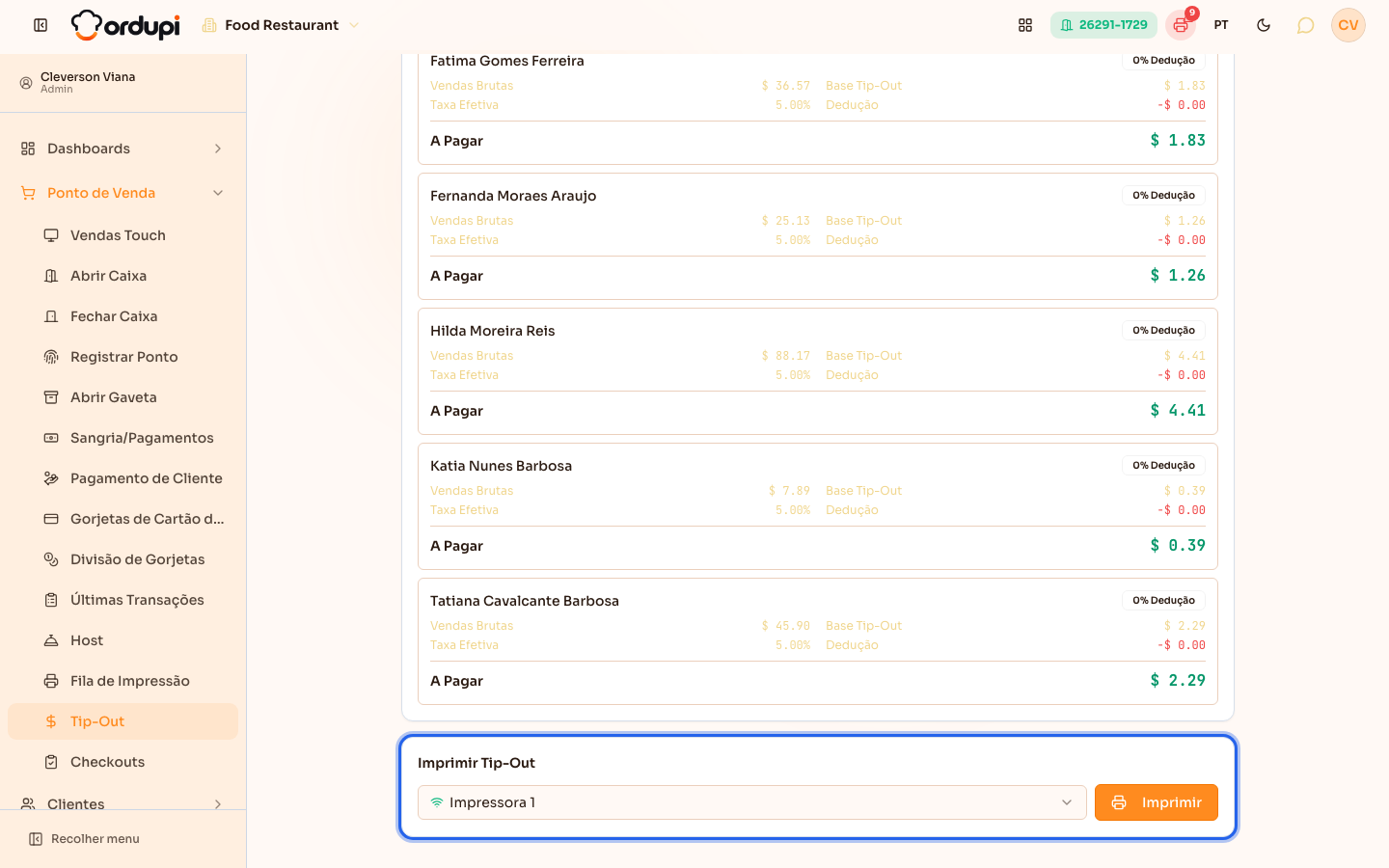 Bloco Imprimir Tip-Out com a escolha da impressora