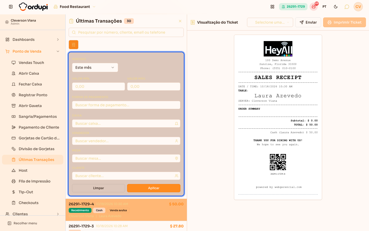 Filtros avançados: período, valor, forma de pagamento, caixa, vendedor, mesa e cliente