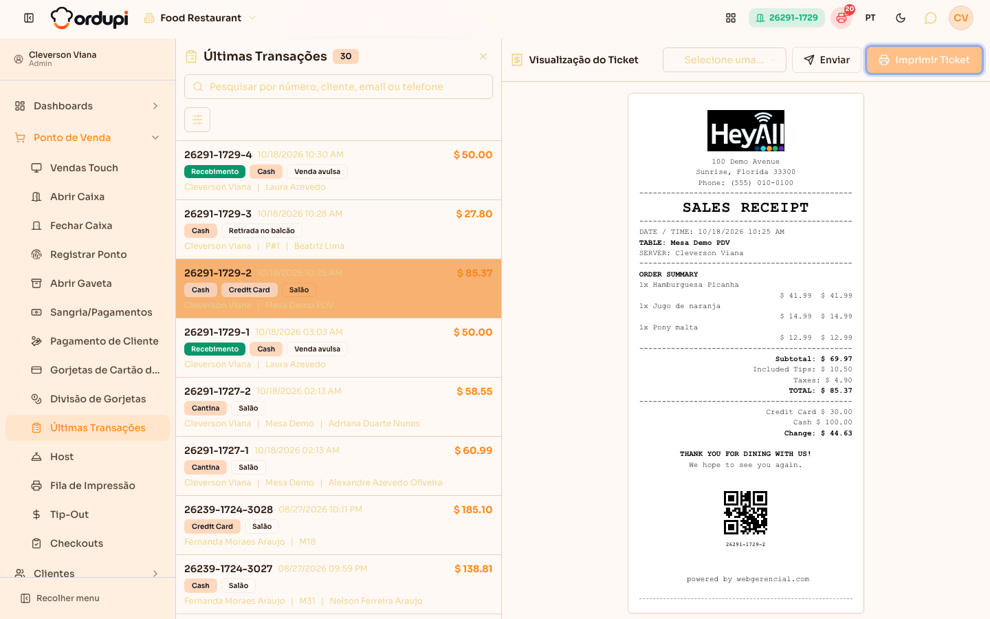 Venda escolhida e a prévia do ticket ao lado