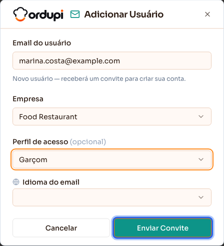 Convite preenchido, com empresa e perfil escolhidos