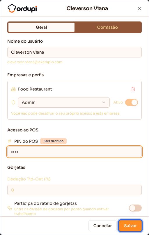 Edição de um usuário, com o perfil e o PIN preenchidos